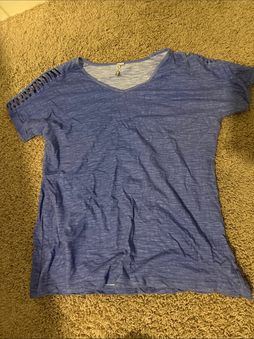 Women’s Slub V-Neck Top with Ladder Sleeve Detail - Blue